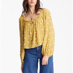 BILLABONG Fall In Love Two Way Top S Yellow White Floral Ruffle Balloon Sleeves